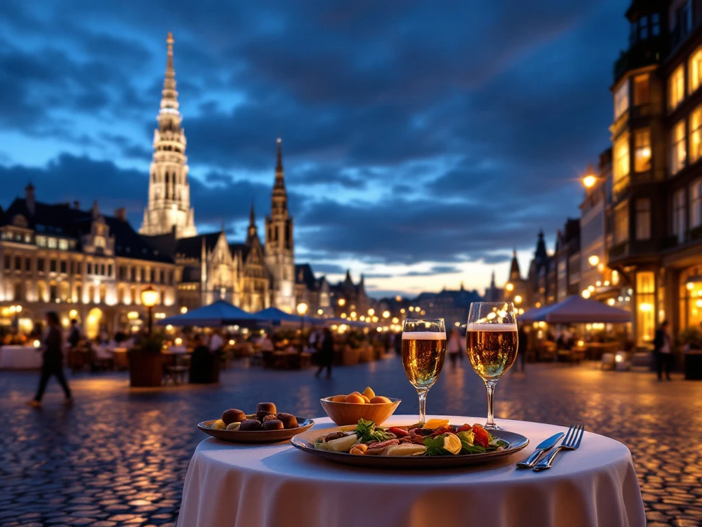 Elegante Belgische maaltijd met bier en chocolade voor Antwerpse skyline bij schemering, met verlichte Onze-Lieve-Vrouwekathedraal en historische Grote Markt.