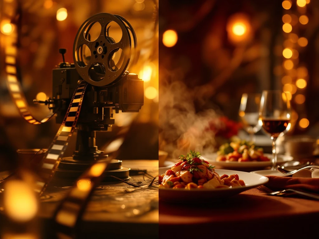 Elegante diner tafel met gourmet gerechten naast vintage filmprojecteur in warm gouden licht met filmrollen