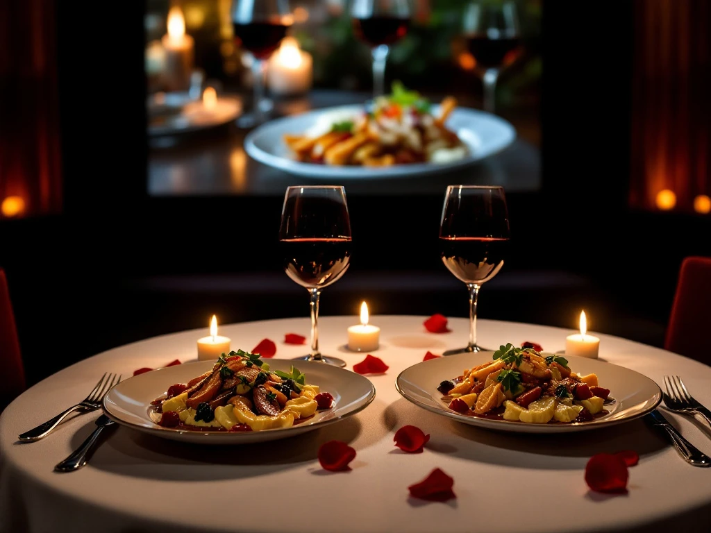 Romantische eettafel voor twee in bioscoop met filmscherm, identieke gerechten, wijn en kaarslicht voor culinaire filmbeleving.