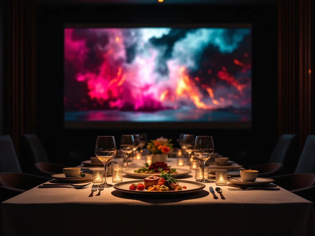 Elegant gedekte restauranttafel in bioscoopzaal met verfijnd gerecht dat overeenkomt met de kookscène op het filmdoek, verlicht door dramatisch clair-obscur.