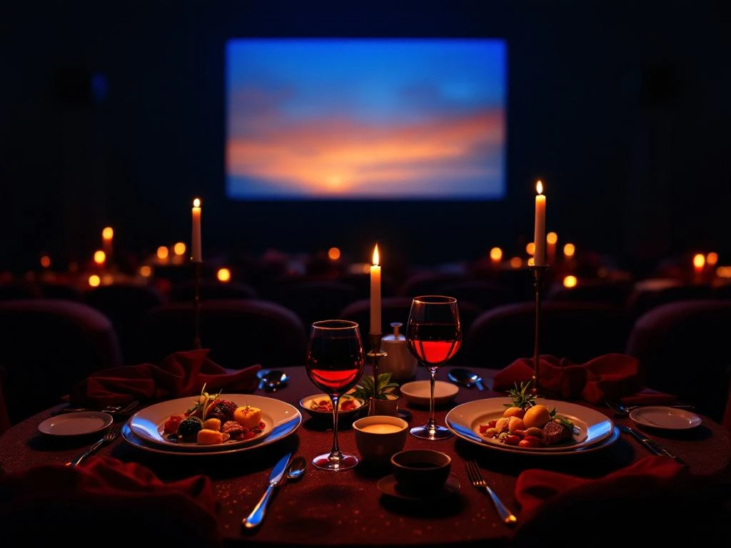 Elegant diner voor twee in bioscoop met filmscherm, wijnglazen, kaarslicht en luxe gerechten in vogelperspectief