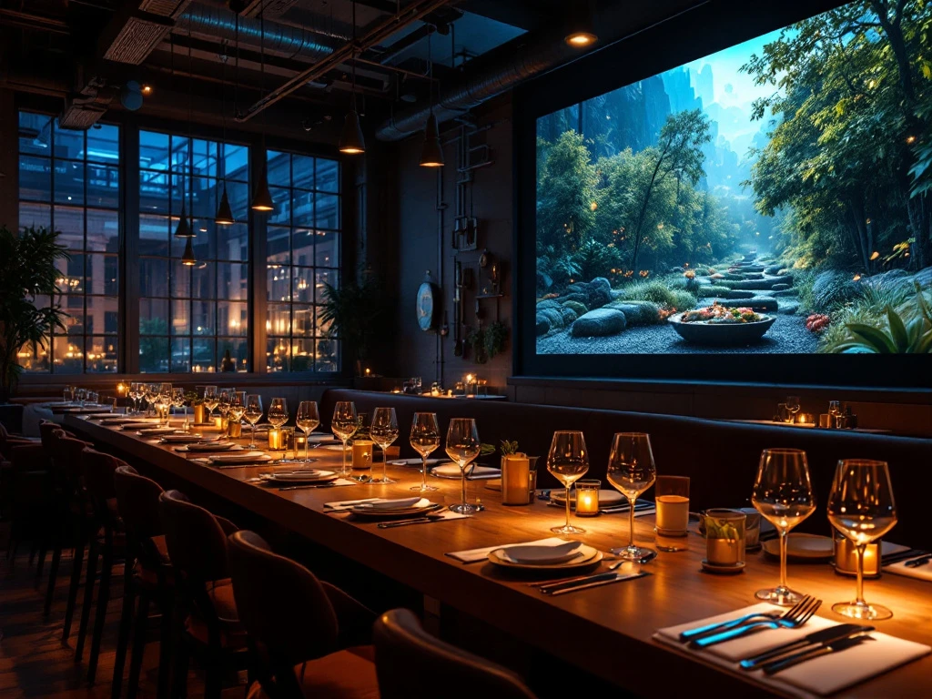 Industrieel pand omgetoverd tot sfeervolle cinema-restaurant met gedekte tafels, kaarslicht en wijnglazen terwijl gasten genieten van film en eten.