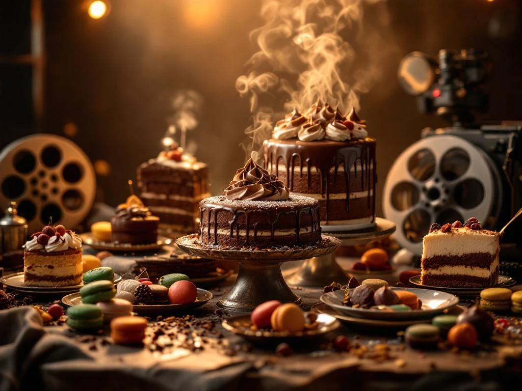 Elegante dessertopstelling met chocoladetaart, macarons en tiramisu in cinematografische belichting met filmrollen op achtergrond