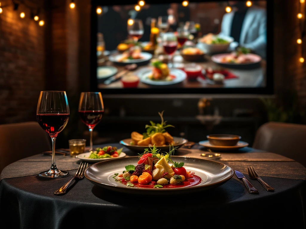 Luxe eettafel met verfijnde gerechten in industriële ruimte; helft toont echt voedsel, helft een bioscoopscherm met dezelfde presentatie onder sfeervol licht.