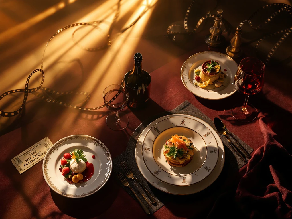 Elegante eettafel met gastronomische gerechten, vintage filmrollen en bioscoopkaartjes in warm goudkleurig licht