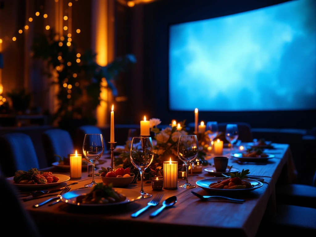 Elegante dinertafel voor meerdere personen met gourmetgerechten en wijn, verlicht door kaarsen en bioscoopscherm op achtergrond
