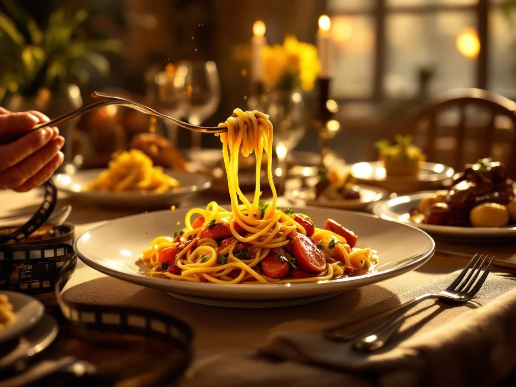Elegante dinertafel met iconische filmgerechten: ratatouille, spaghetti en chocolade onder warme cinematografische verlichting