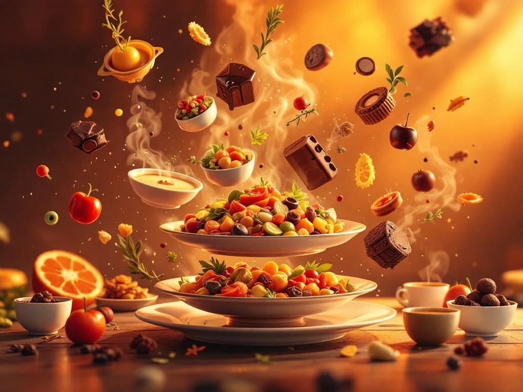 Geanimeerde gerechten zweven magisch in gouden licht met ratatouille, soep en desserts in filmische compositie