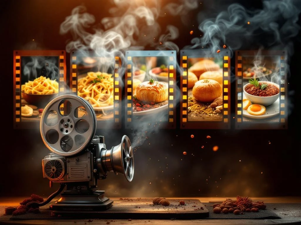 Zes vintage filmrollen met voedselbeelden in dramatische boogvorm, verlicht door warme amber verlichting met filmprojector