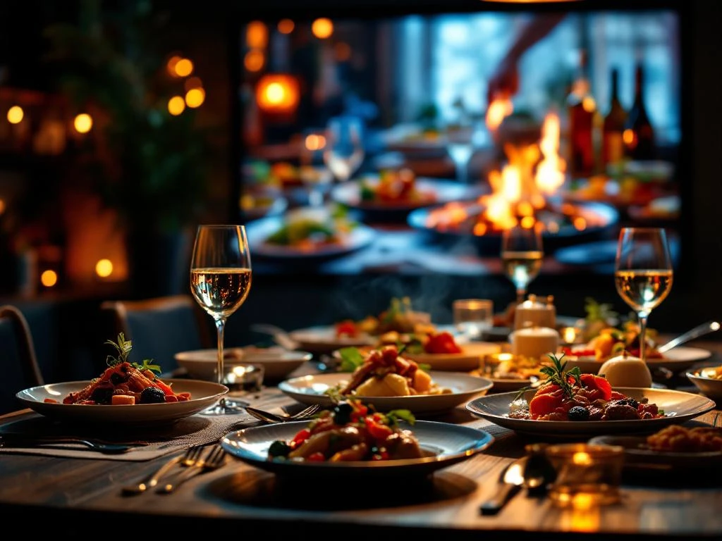 Gourmet gerechten op houten tafel met wijnglazen en filmscherm op achtergrond in warme cinematische verlichting