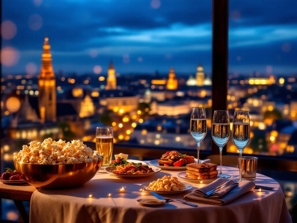 Luchtfoto van verlicht Binnenhof Den Haag bij schemering met gastronomische gerechten en champagne op voorgrond