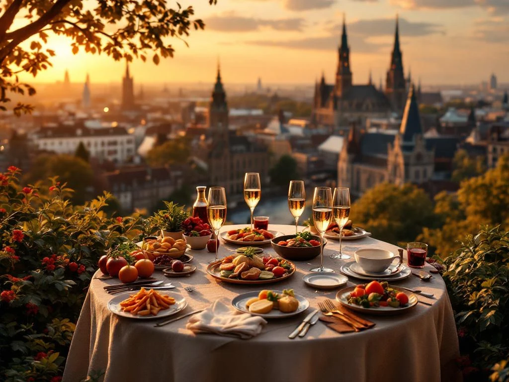 Luchtfoto van Den Haag bij zonsondergang met zwevende gedekte tafel, gastronomische gerechten en filmrollen boven Binnenhof