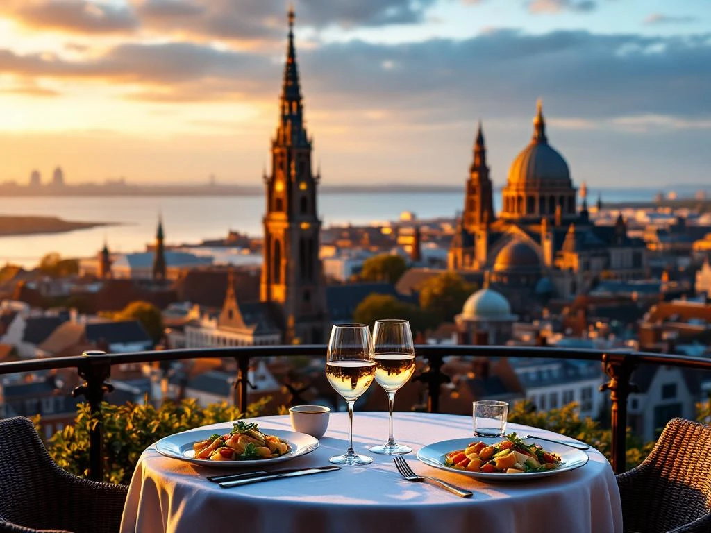 Gedekte tafel voor twee met Den Haag skyline bij zonsondergang, Binnenhof en Vredespaleis op achtergrond