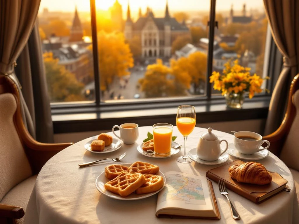 Ontbijtspread met stroopwafels en croissant voor raam met uitzicht op Binnenhof en Vredespaleis Den Haag