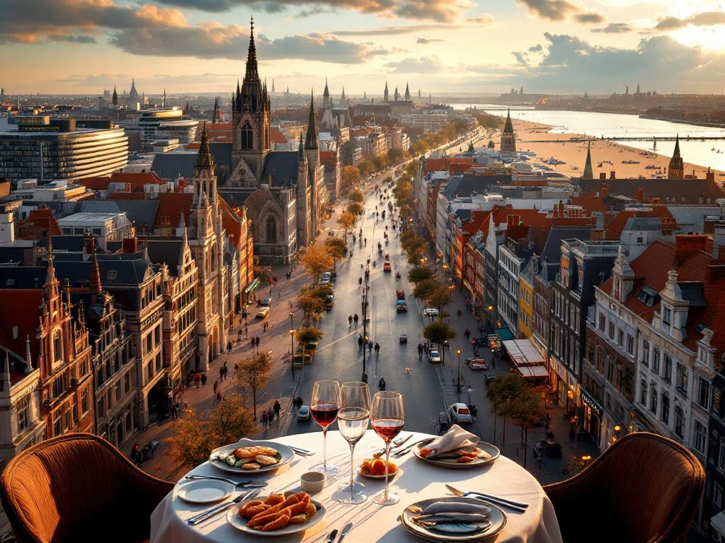 Luchtfoto Den Haag met Binnenhof, Scheveningen strand en Nederlandse gerechten bij gouden uur
