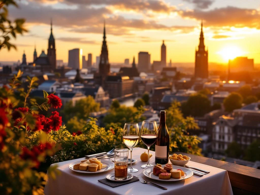 Terras met Nederlandse delicatessen overlookt Den Haag skyline en Binnenhof bij zonsondergang