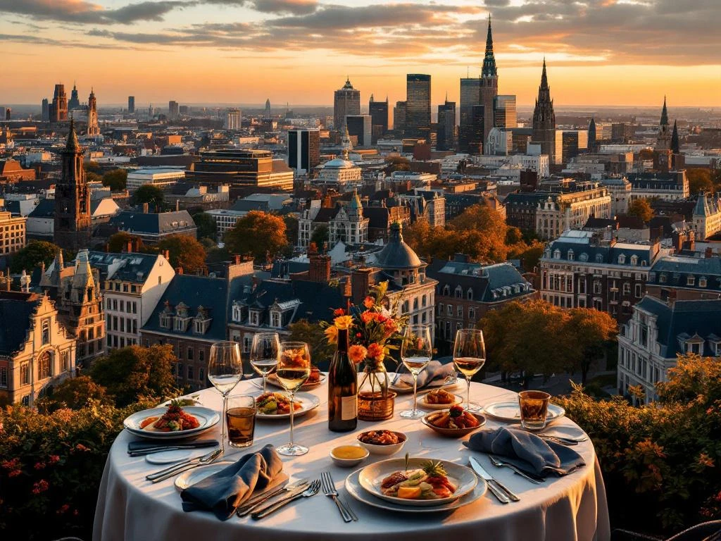 Den Haag skyline bij gouden uur met Binnenhof, gastronomische gerechten en filmrol op voorgrond