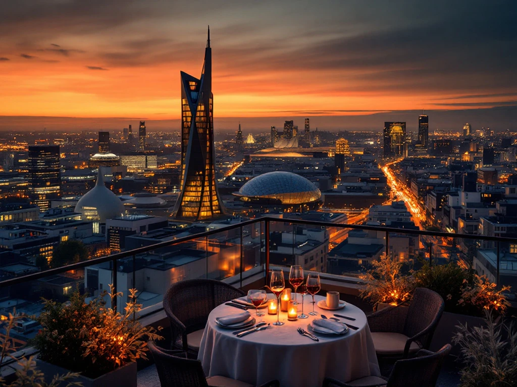 Romantisch diner voor twee op dakterras met uitzicht op Eindhoven skyline en Evoluon gebouw tijdens gouden uur