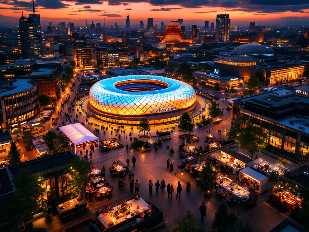 Luchtfoto van Eindhoven stadscentrum bij zonsondergang met Philips Stadion, restaurantterrassen en romantische tafelsetting