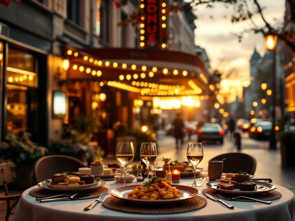 Romantische filmscène in Eindhoven met vintage bioscoop, elegant gedekte tafel met filmgerechten en warme gouden verlichting