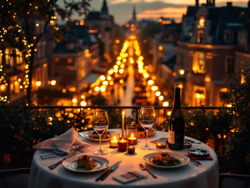 Romantisch gedekte tafel voor twee met kaarslicht en wijn, met verlichte skyline van Eindhoven op de achtergrond tijdens gouden uur