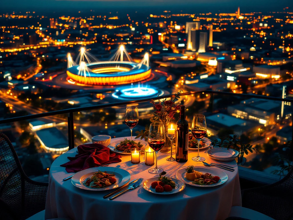 Romantisch diner voor twee met uitzicht op verlicht Eindhoven bij zonsondergang, Philips Stadium zichtbaar op achtergrond