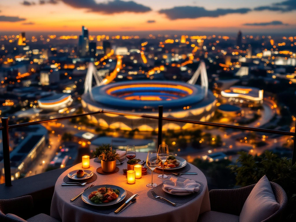 Romantisch diner voor twee met uitzicht op Eindhoven centrum en Philips Stadium tijdens gouden uur, gedecoreerd met filmrollen