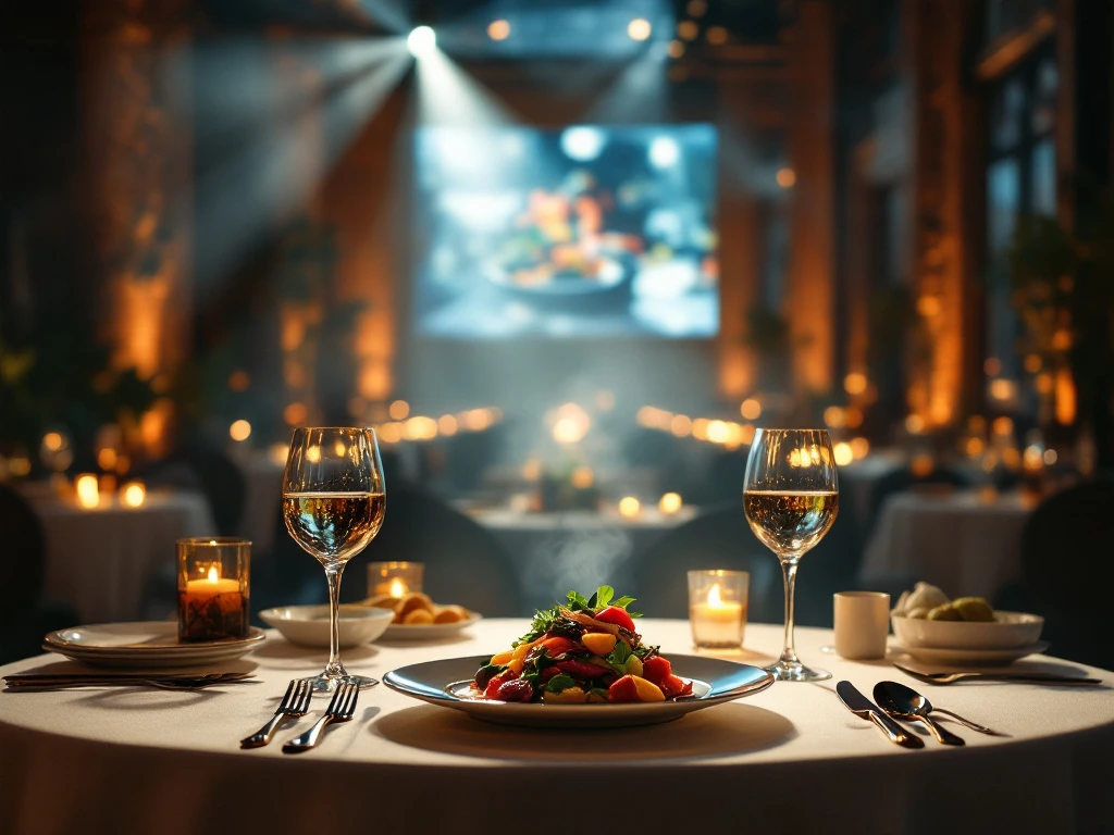 Elegant gedekte eettafel in industriële ruimte met gourmetgerecht onder filmprojectie, kaarslicht en kristallen glazen tegen bakstenen muur.
