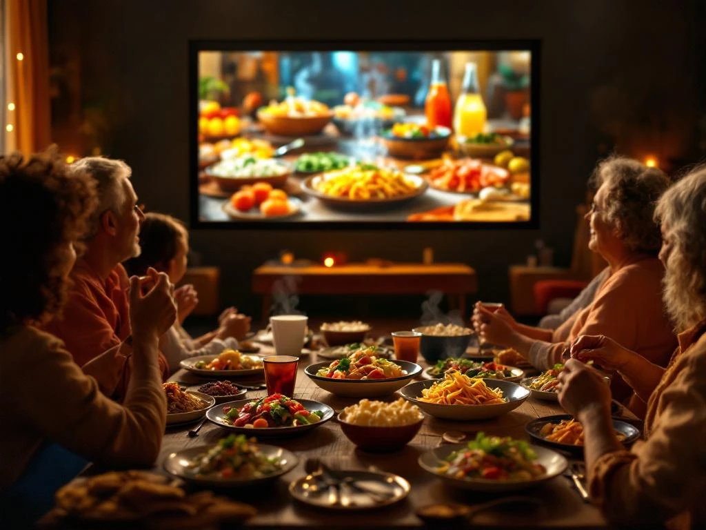 Familie geniet van filmavond met gourmetgerechten die het eten op het animatiescherm nabootsen in warme sfeer