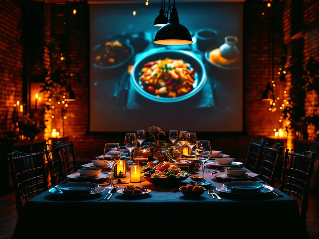 Stijlvol gedekte tafel in industriële ruimte met filmaccessoires, gourmetgerechten en projectiescherm onder sfeervol amberkleurig licht.