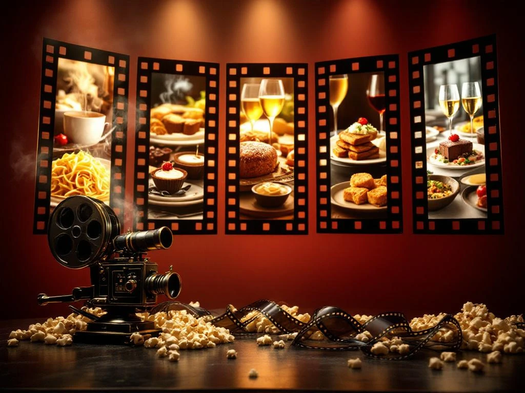 Zeven filmrollen met voedselbeelden in boog gerangschikt, vintage camera en popcorn op voorgrond, gouden verlichting