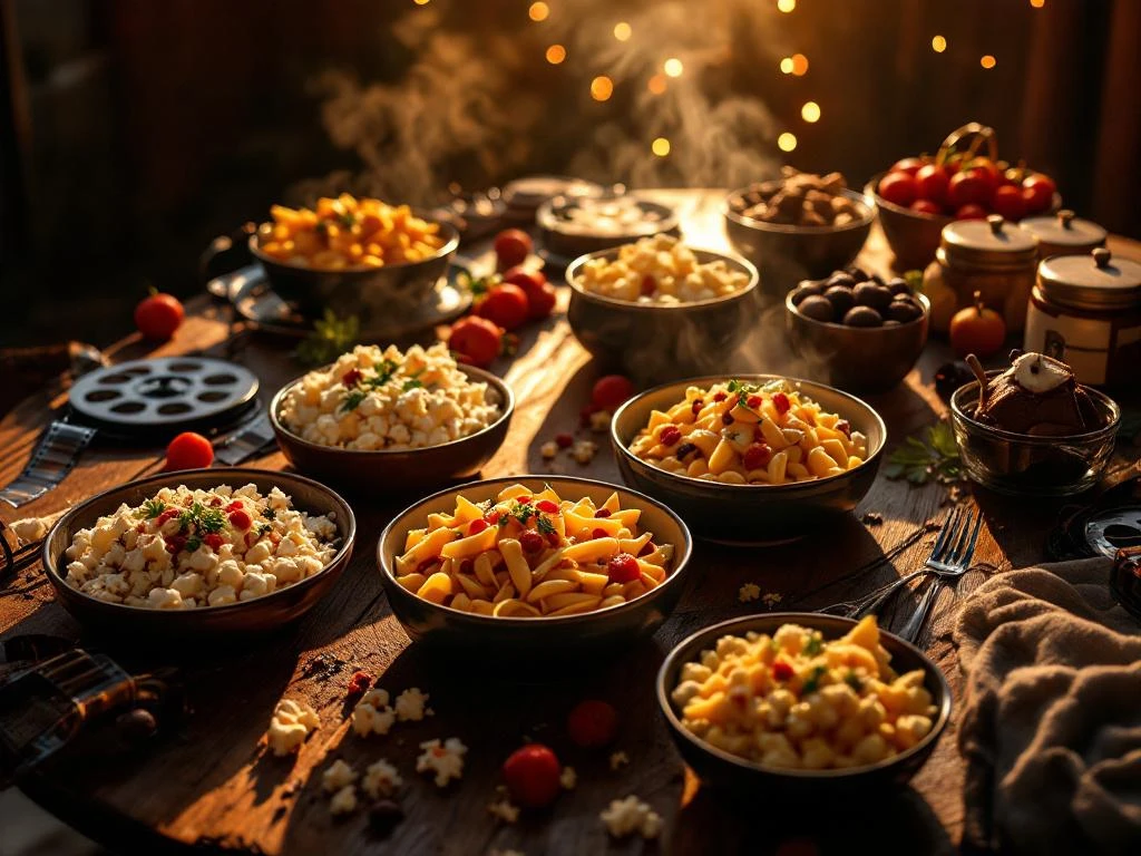 Gezellige filmavond tafel met gourmet comfort food, popcorn en desserts bij warm licht met filmrollen op de achtergrond
