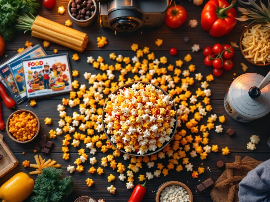 Bovenaanzicht van gezellige filmavond setup met popcornkom, food-themed DVD's en verse ingrediënten op houten tafel