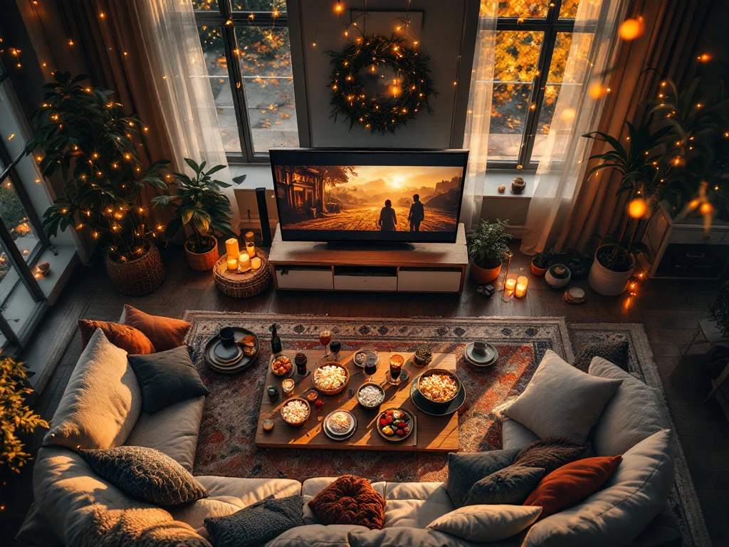 Luxe filmavond setup in Eindhovense woonkamer met grote TV, popcorn, wijn, lichtjes en zachte kussens op Perzisch tapijt
