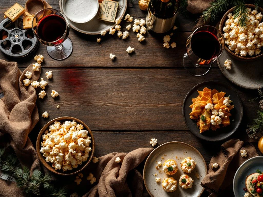 Elegante filmavond opstelling met gourmet popcorn, rode wijn en verfijnde hapjes op rustieke houten tafel