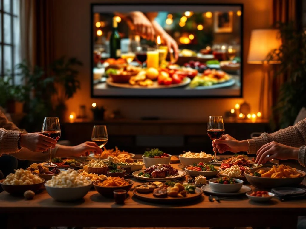 Vrienden delen gourmet gerechten en popcorn tijdens filmavond met eten op scherm in gezellige woonkamer