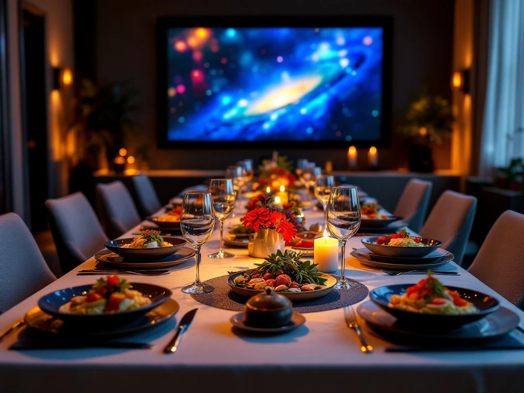 Elegante eettafel voor tien personen met gourmetgerechten en filmprojectiescherm, verlicht door sfeervolle verlichting in een stijlvolle binnenruimte.