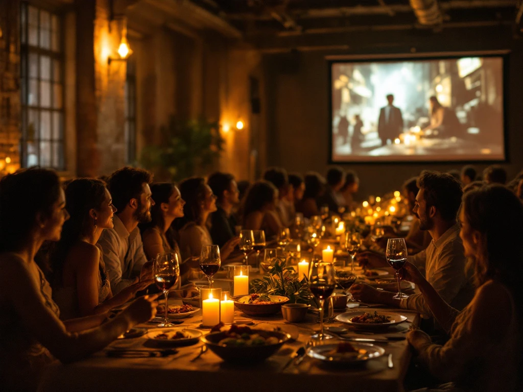 Stijlvolle eetervaring in industriële ruimte waar gasten aan kaarsverlichte tafels genieten van film en bijpassende gerechten in een warme, intieme sfeer.