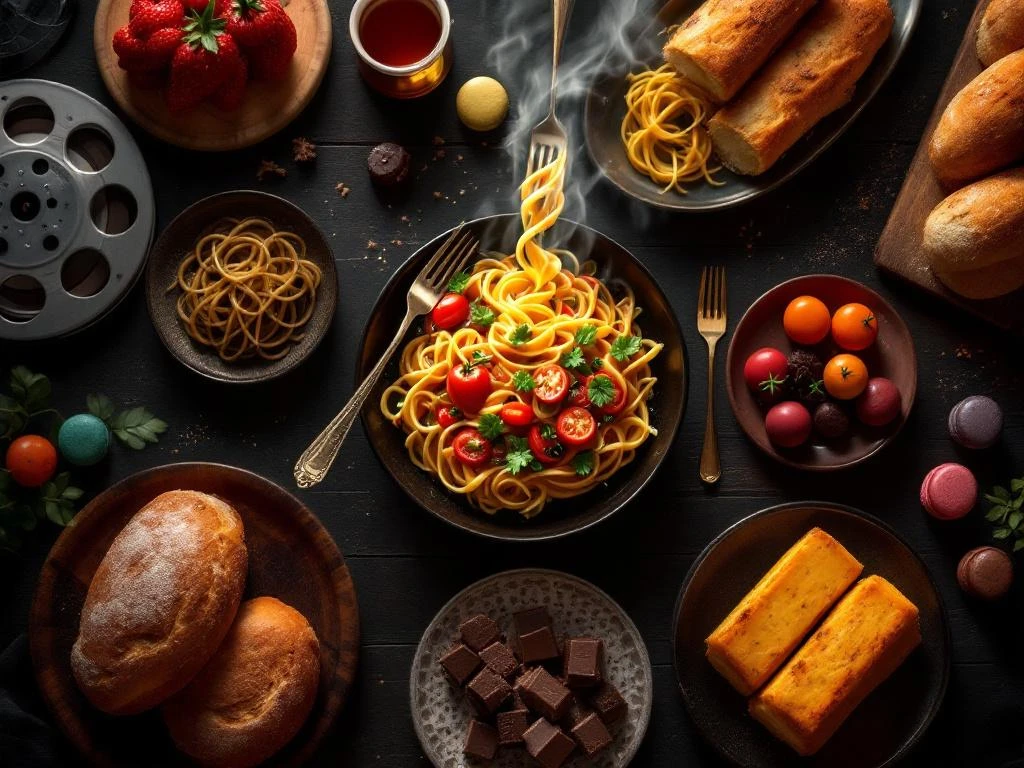 Elegante donkere houten tafel met filminspiratie gerechten: ratatouille, pasta, brood en desserts in cinematografische opstelling