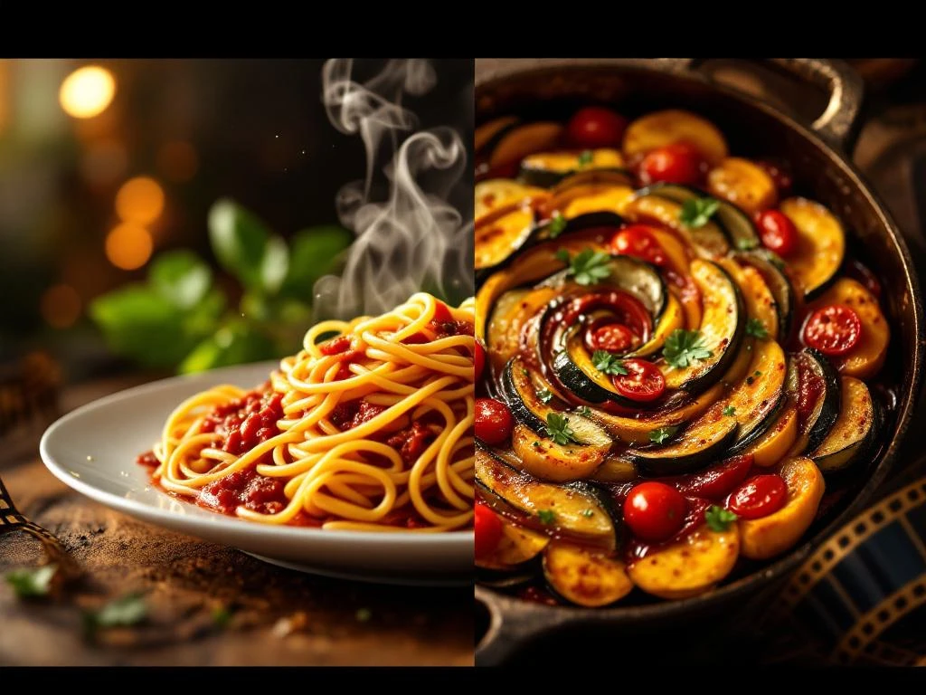 Spaghetti met tomatensaus en ratatouille in gietijzeren pan, cinematografische split-screen compositie met warme verlichting