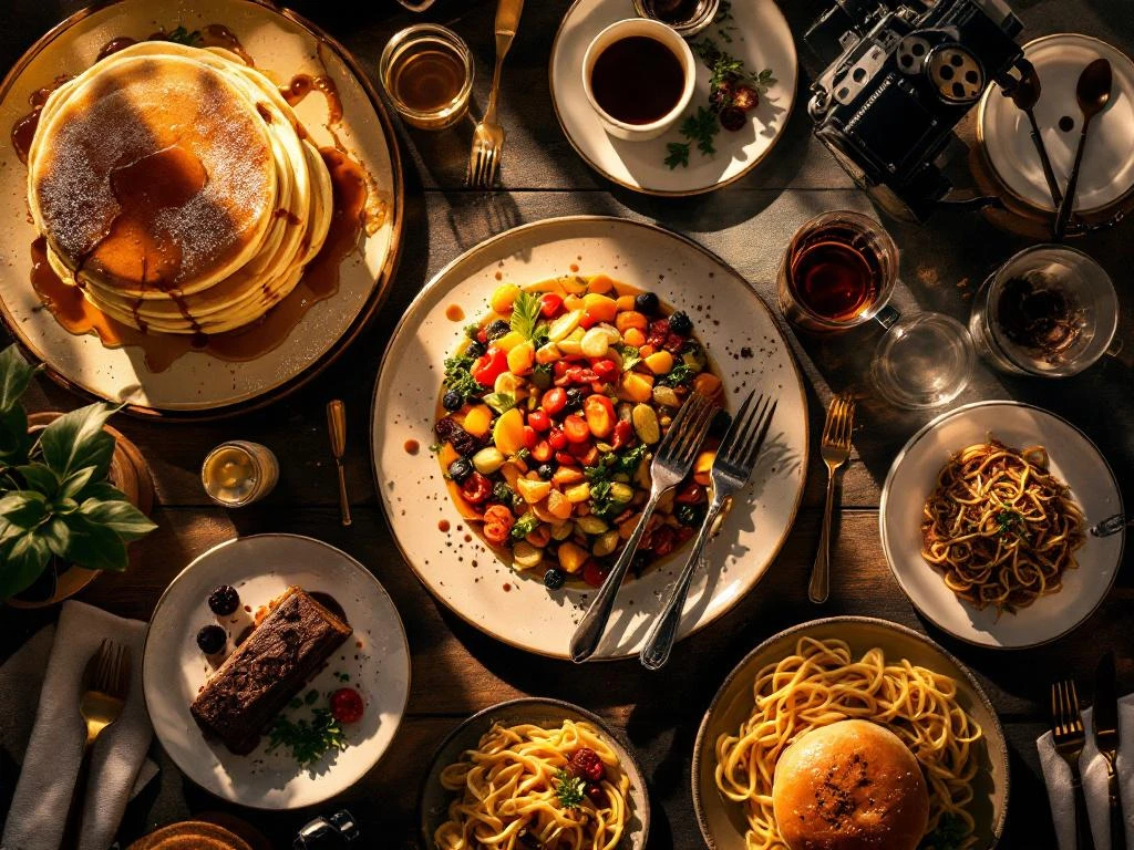 Overhead shot van elegante eettafel met iconische filmgerechten: pannenkoeken, ratatouille, pasta en desserts met filmrollen