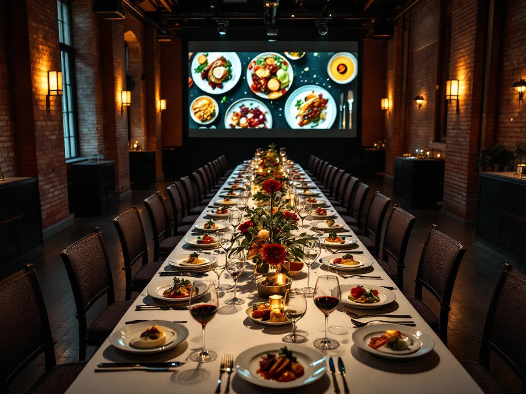 Cinema-dining ervaring in industriële ruimte met lange gedekte tafel, gourmet gerechten en filmscherm voor exclusieve bedrijfsevents.
