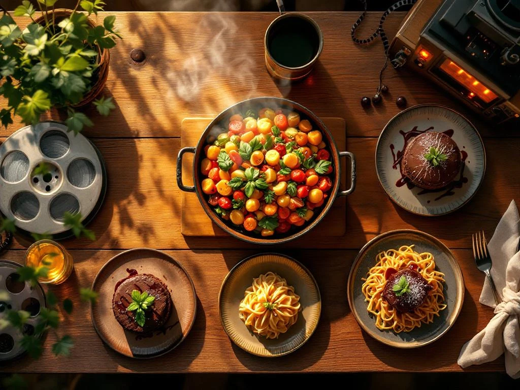 Elegante houten tafel met iconische filmgerechten: ratatouille, chocoladedesserts, pasta, verlicht door warm goudlicht