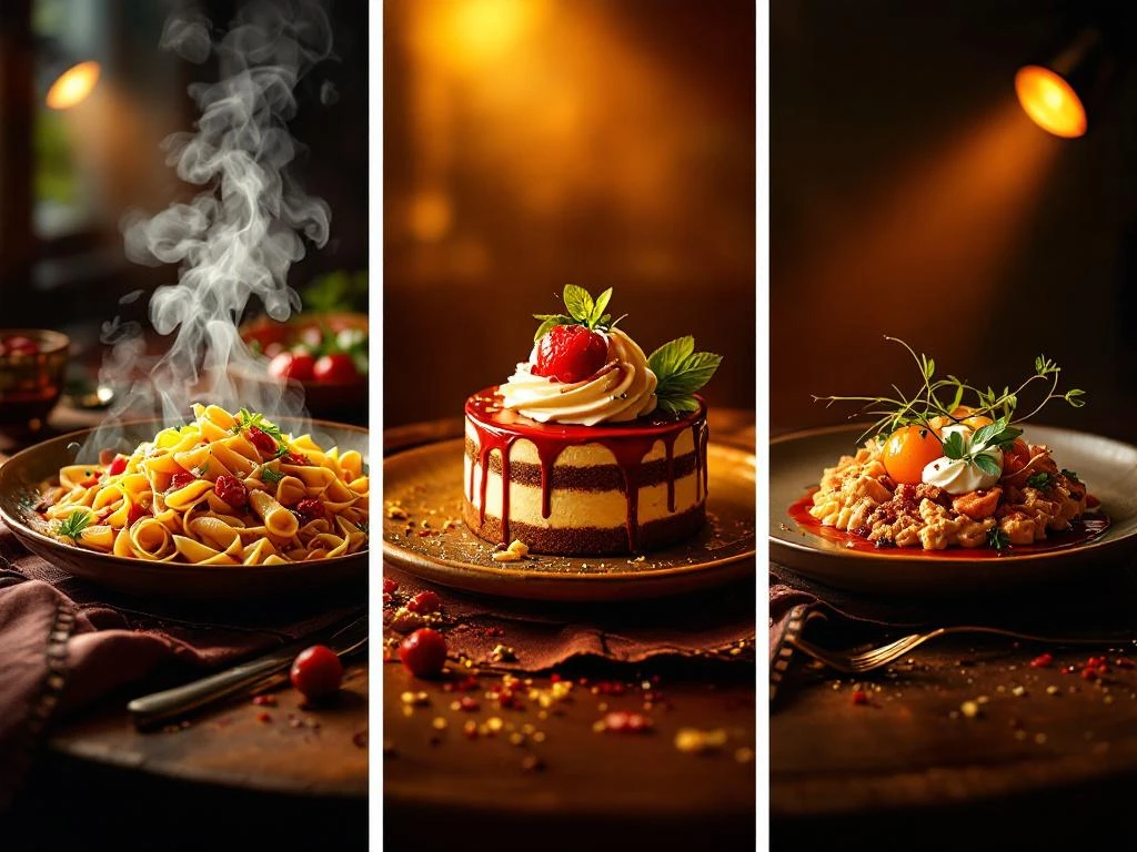 Cinematische drieluik van iconische filmmaaltijden: Italiaanse pasta, Franse dessert en gourmet gerecht met filmrollen