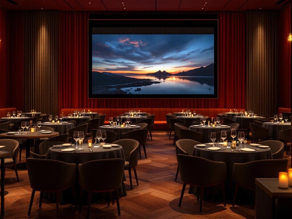Stijlvolle cinema-restaurant met elegante tafels gericht op filmscherm. Gasten genieten van luxe gerechten en wijn in warm verlichte, intieme sfeer.