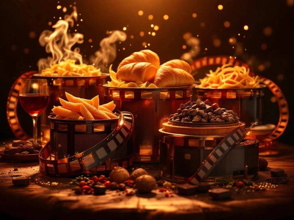 Vijf vintage filmrollen in halve cirkel met iconische gerechten: pasta, croissants, kruiden, wijn en chocolade desserts