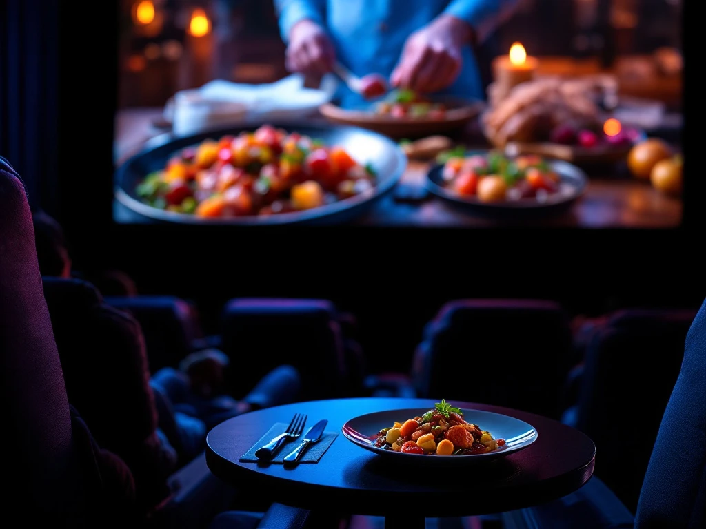Luxe bioscooptheater met identiek gerecht op tafelblad dat overeenkomt met voedselscène op groot scherm, in sfeervol blauw-paars licht met warme accenten.