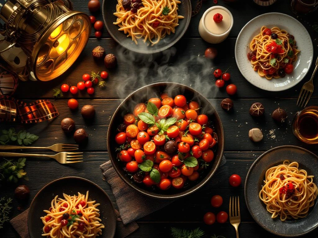 Dampende kom ratatouille omringd door chocoladetruffels, pasta en fine dining gerechten op donkere houten tafel met filmverlichting.