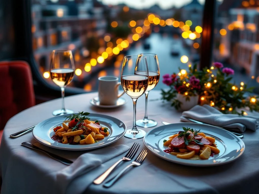 Elegant gedekte restauranttafel voor twee in Den Haag met gastronomische gerechten en wijn bij gouden uurtje
