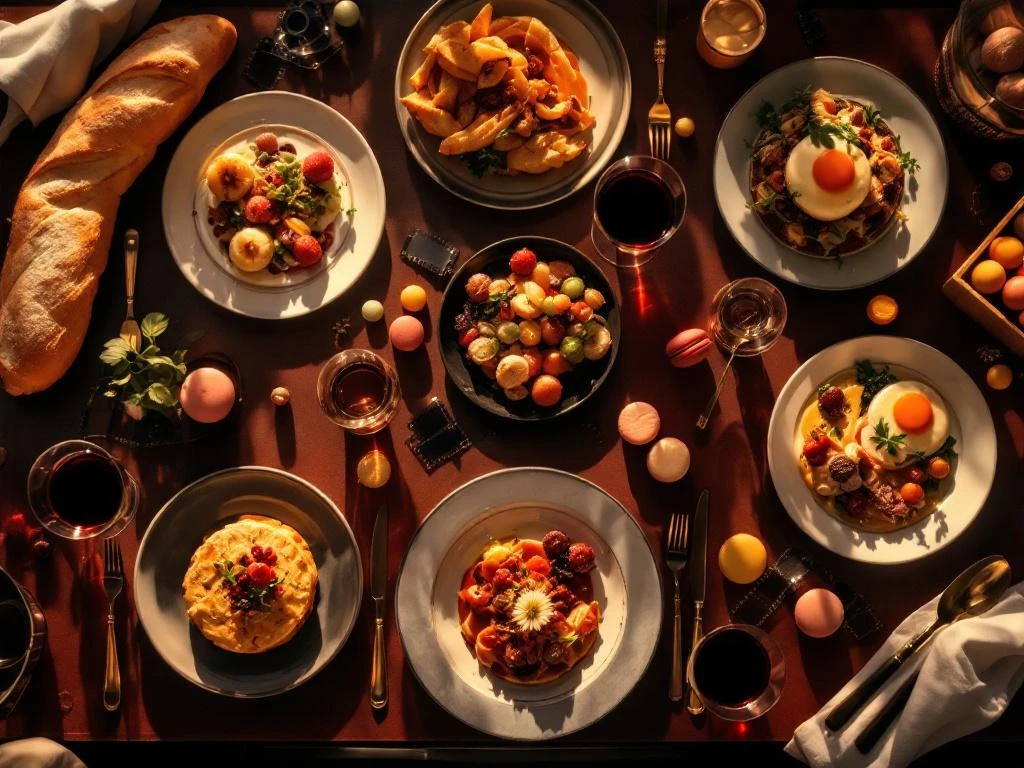 Franse gastronomie tafel met zeven gourmet gerechten, filmrollen, baguette en wijn in gouden cinematografische verlichting